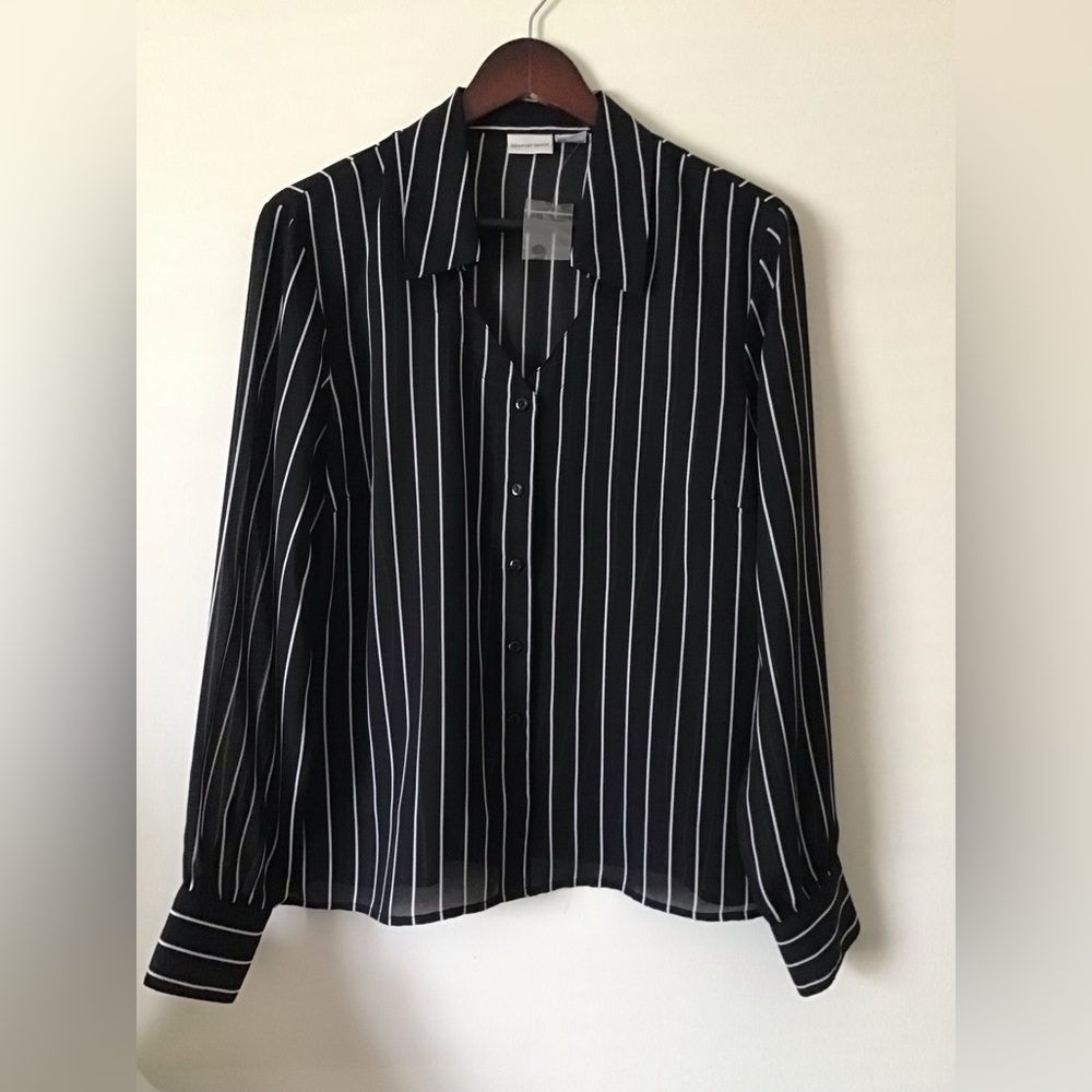 Newport News Sheer Black and White Button Down Blouse
